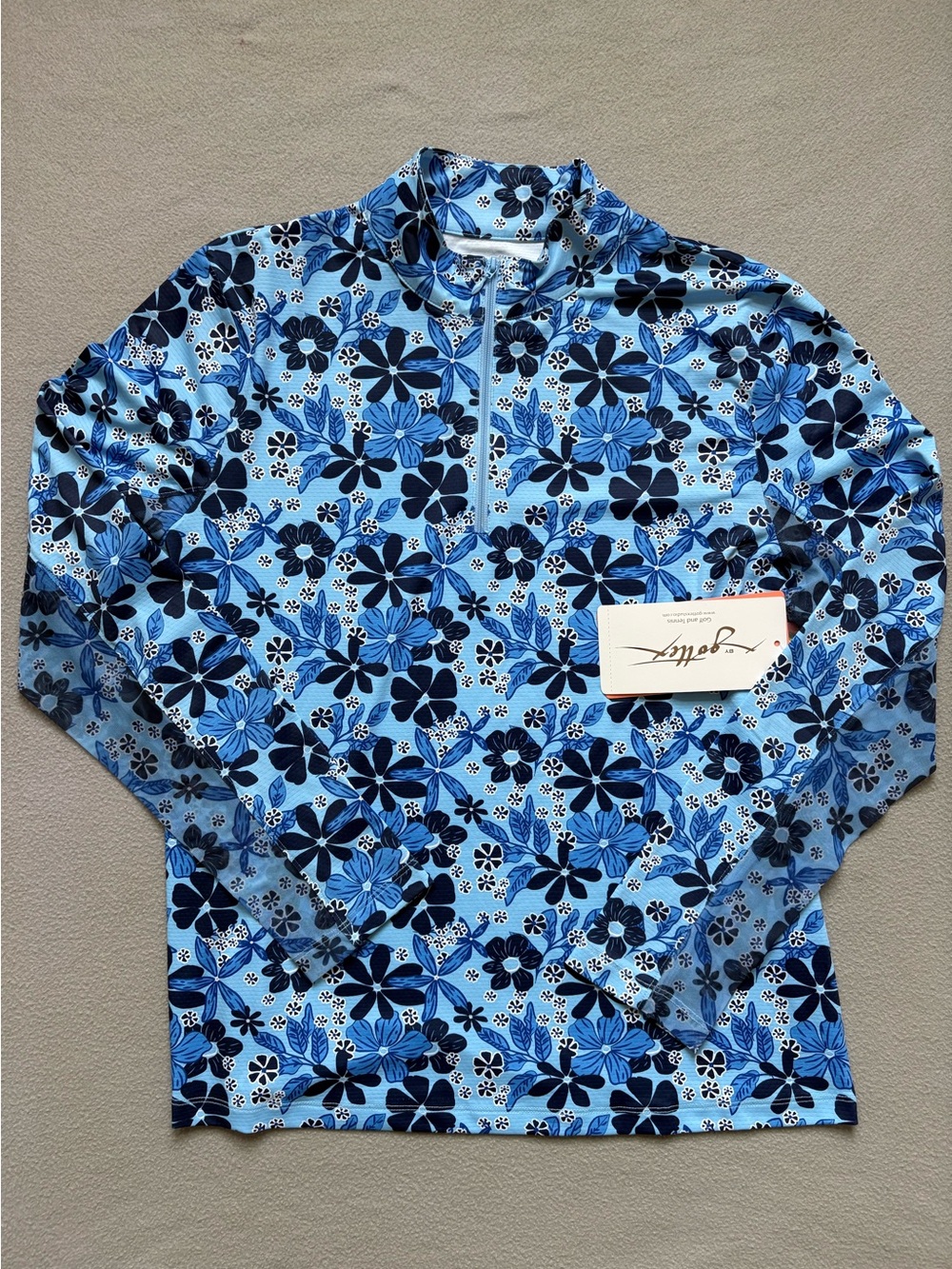 X by Gottex Floral Blue Golf Tennis 1/4 Zip Long Sleeve Top Mesh Panes M, L